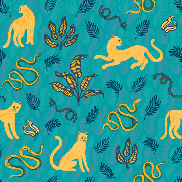 Hand drawn exotic print. Seamless pattern with wild cats, snakes, blackthorn and tropical leaves. Vector modern style illustration for t-shirt, fabric, wrapping and wallpaper design. Funny doodle back - Vector, imagen