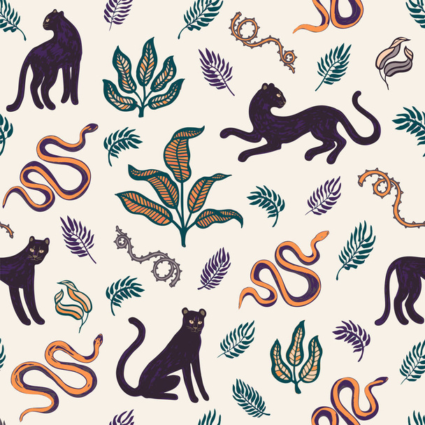 Hand drawn exotic print. Seamless pattern with wild cats, snakes, blackthorn and tropical leaves. Vector modern style illustration for t-shirt, fabric, wrapping and wallpaper design. Funny doodle back - Vector, Image