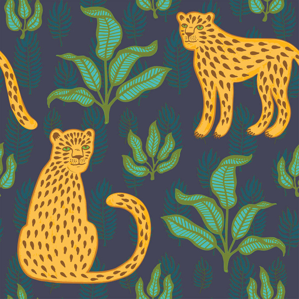 Hand drawn exotic print. Seamless pattern with wild cats and tropical leaves in cartoon style. Vector modern illustration for t-shirt, fabric, wrapping and wallpaper design. Funny doodle background - Wektor, obraz
