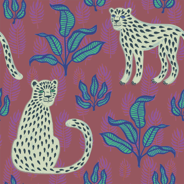 Hand drawn exotic print. Seamless pattern with wild cats and tropical leaves in cartoon style. Vector modern illustration for t-shirt, fabric, wrapping and wallpaper design. Funny doodle background - Vettoriali, immagini