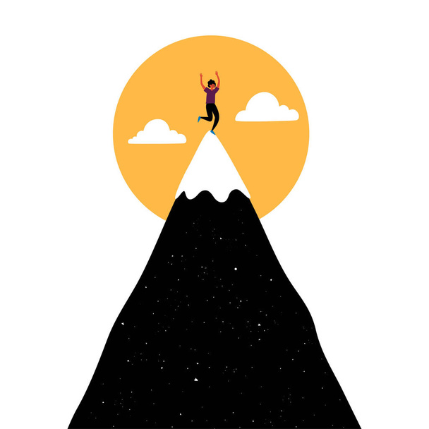 Επίπεδος άνθρωπος στυλ κινουμένων σχεδίων που έφτασε στην κορυφή του βουνού και danci - Διάνυσμα, εικόνα