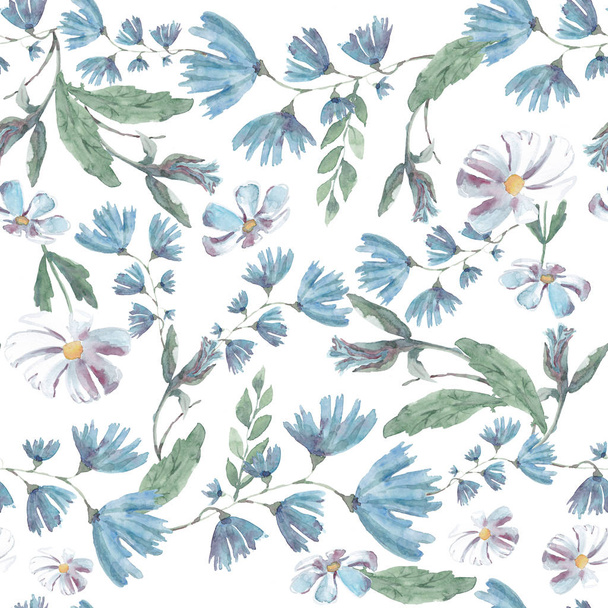 watercolor seamless pattern of blue cornflowers and white daisies with green stems on a white background - Foto, Imagem