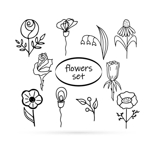 doodle flowers set icon, kids hand drawing line art camomole, rose etc, vector illustration - ベクター画像
