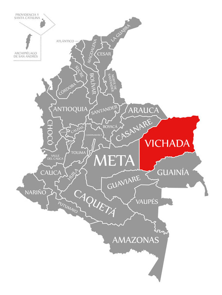 Vichada κόκκινο τονίζεται στο χάρτη της Κολομβίας - Φωτογραφία, εικόνα