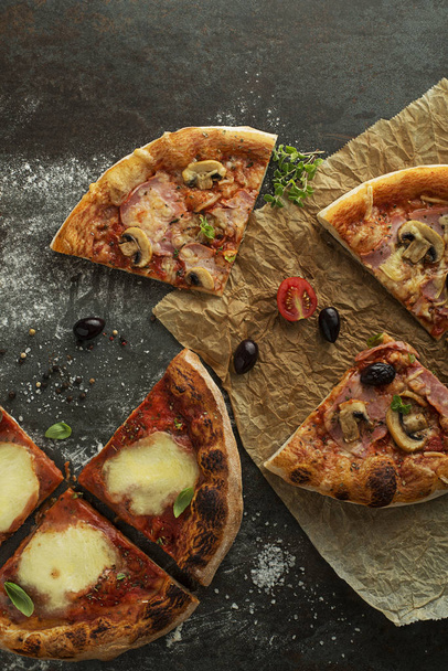 Pizza slices with mozzarella, mushrooms and ham - Photo, Image
