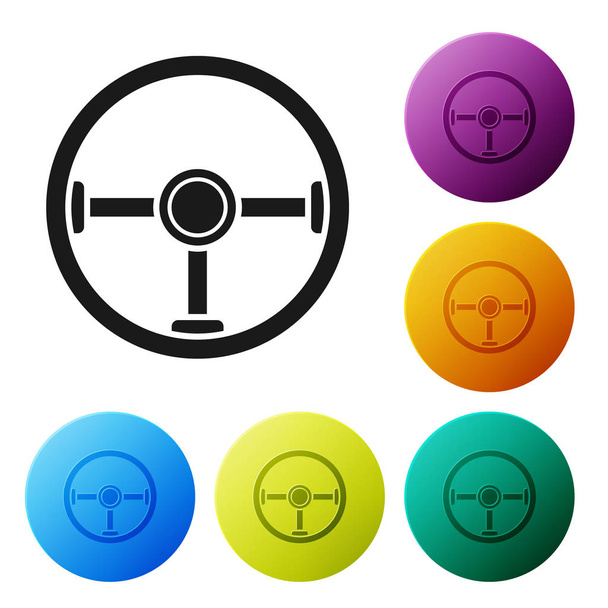 Black Steering wheel icon isolated on white background. Car wheel icon. Set icons colorful circle buttons. Vector Illustration - Вектор, зображення