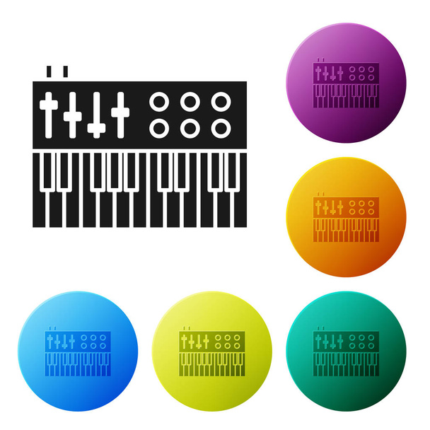 Иконка синтезатора Black Music выделена на белом фоне. Электронное пианино Настроить иконки красочные кнопки круга. Векторная миграция
 - Вектор,изображение