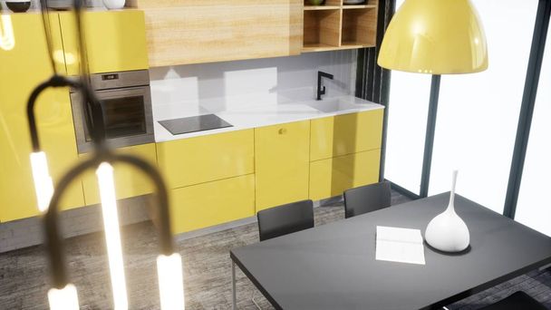 modernes Wohnzimmerdesign im skandinavischen Stil. 3D-Darstellung - Foto, Bild