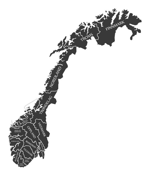 Norway Map labelled black illustration with updated new states 2 - Vector, Image