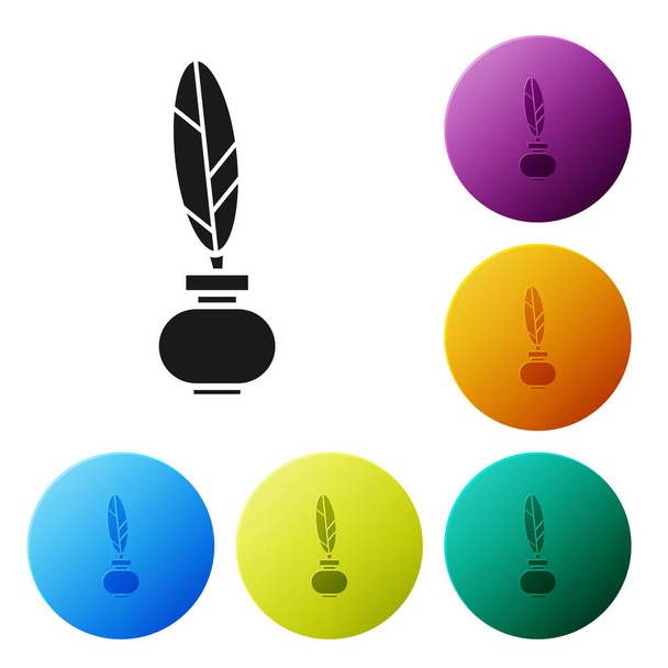 Black Feather and inkwell icon isolated on white background. Set icons colorful circle buttons. Vector Illustration - Vector, Image