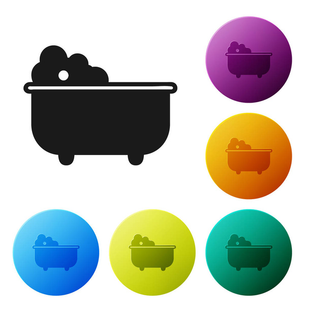 Black Baby bathtub with foam bubbles inside icon isolated on white background. Set icons colorful circle buttons. Vector Illustration - Vector, Image
