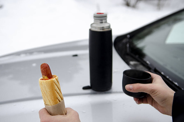 Зимовий пікнік з чаєм і хот-дог на капоті срібного автомобіля на тлі лісу
 - Фото, зображення