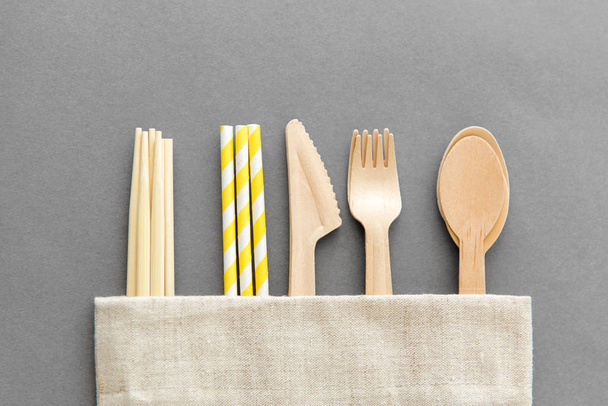 wooden spoon, fork, knife, straws and chopsticks - Photo, Image