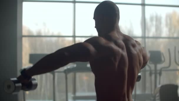 Tişörtsüz bir adam pencerenin önündeki dambılları kaldırıyor omuz kasları için egzersiz yapıyor, vücut geliştirme eğitimi alıyor. Sağlıklı yaşam tarzı ve kas kütlesi kazanmak için egzersizler. Kuvvet eğitimi  - Video, Çekim