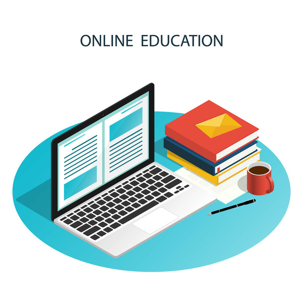 komputer izometryczny e-learning online, wektor edukacji online - Wektor, obraz