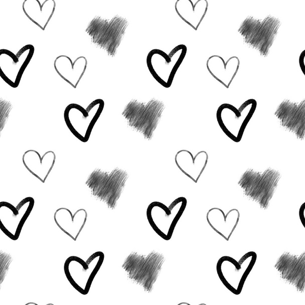 Seamless pattern with hand drawn black ink hearts on a white background - Photo, Image