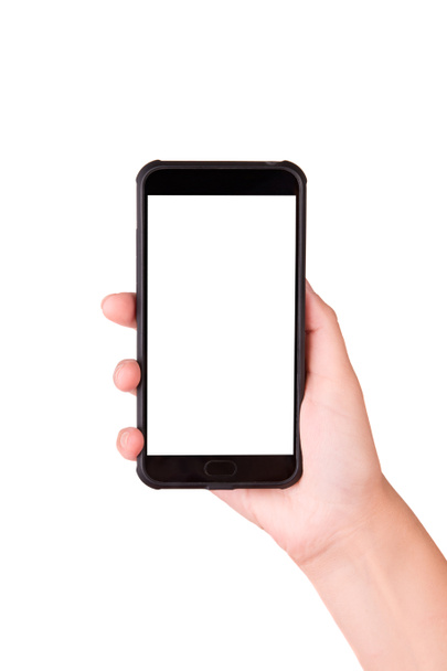 A girl is holding a smartphone on a white background - Photo, Image