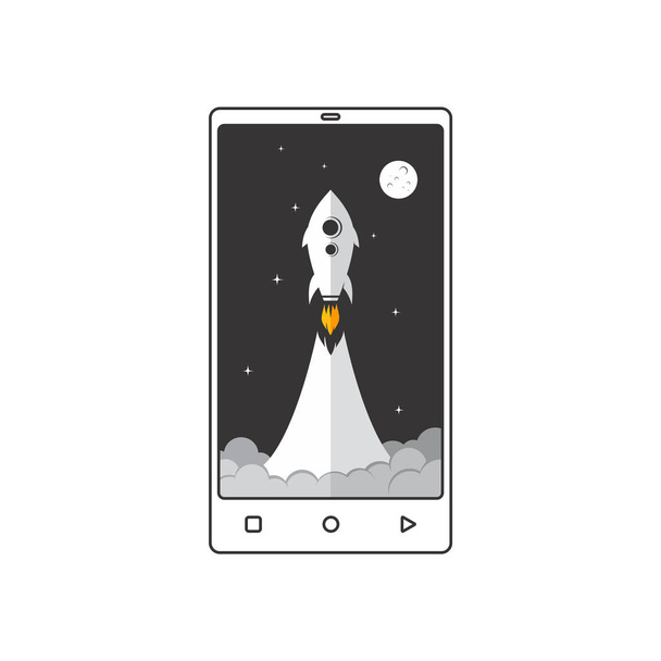 ícone bonito de voar nave espacial no smartphone no fundo branco
 - Vetor, Imagem