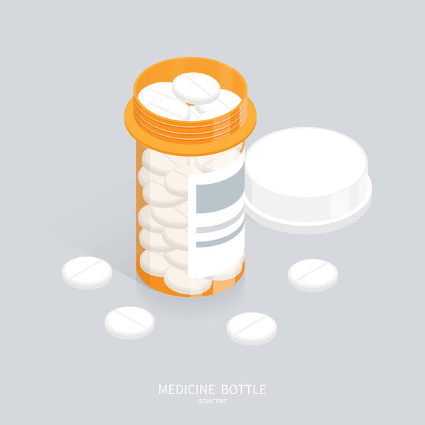 medicamento isométrico comprimidos garrafa aberta
 - Vetor, Imagem