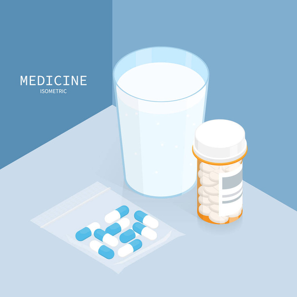 izometrická medicína pilulky láhev, sklenice vody polykat prášky vektor - Vektor, obrázek