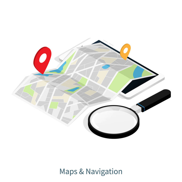 Karten & Navigationsortung, isometrischer Vektor für mobile Anwendungen - Vektor, Bild