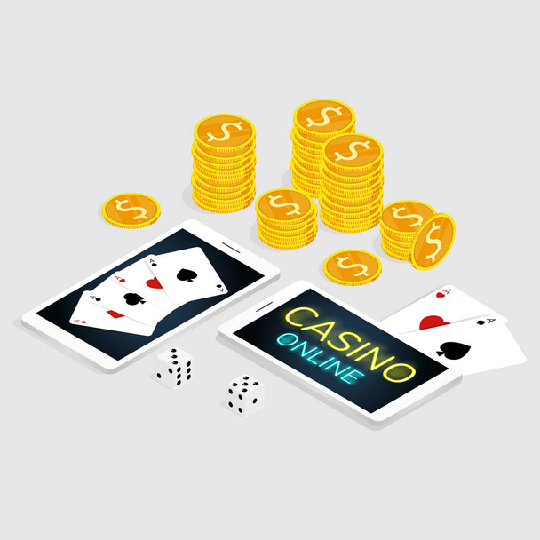 isometrische casino online kaart en dobbelstenen munten vector - Vector, afbeelding