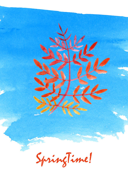 Spring card with red watercolor sprig on blue background - Φωτογραφία, εικόνα