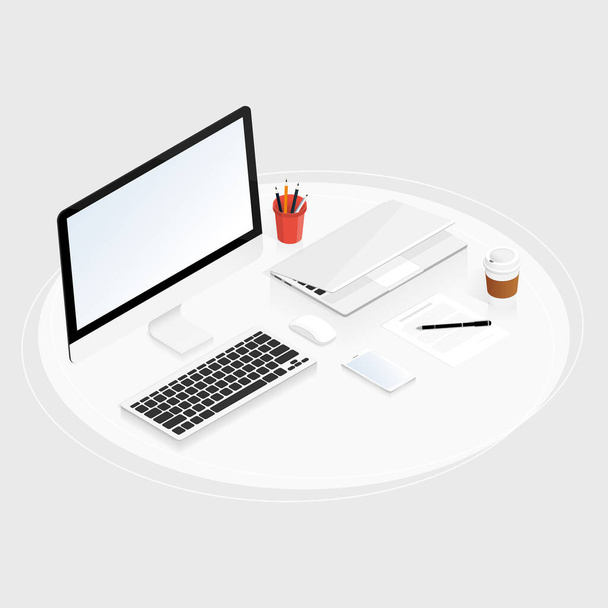 isometric work place computer laptop vector - Vector, Image