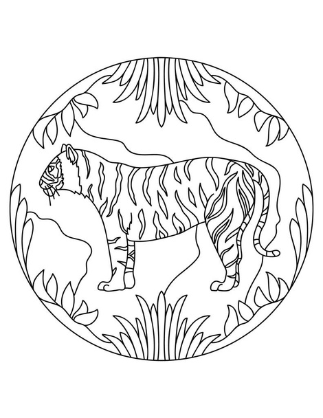 Tigris minta. Tigris illusztrációja. Mandala egy állattal. Predator kör alakú keretben. - Vektor, kép