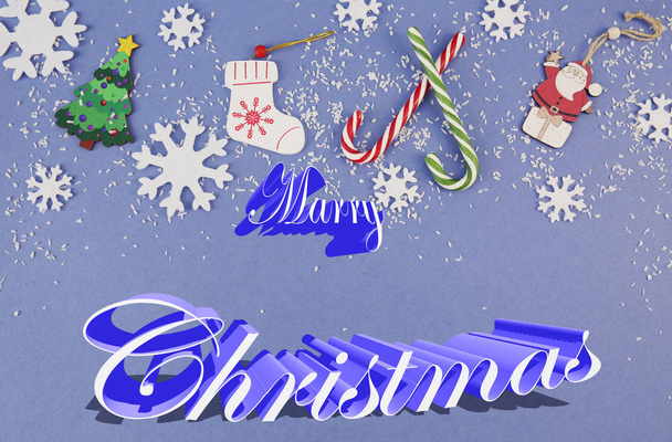 Καλά Χριστούγεννα ευχετήρια κάρτα με νιφάδες χιονιού, ζαχαροκάλαμο, έλατο, Άγιος Βασίλης, κάλτσα. 3d επιγραφή. - Φωτογραφία, εικόνα