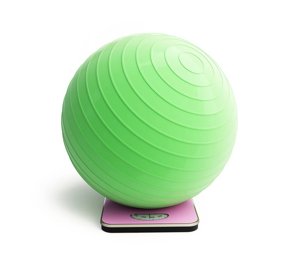 Bilancia fitness ball bagno su sfondo bianco Illustrazione 3D, rendering 3D
 - Foto, immagini