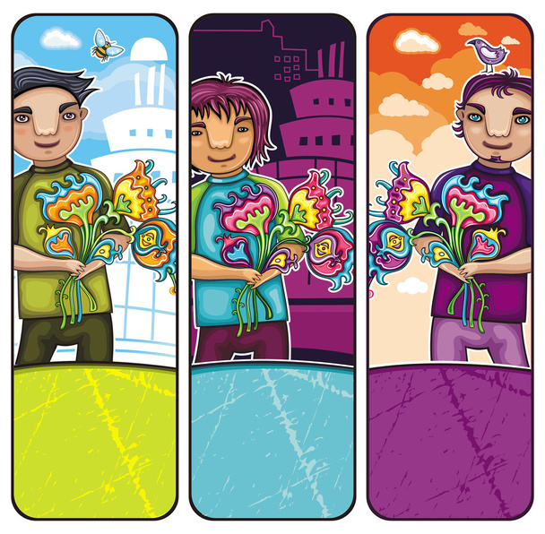 jongen met bloemen banners - Vector, afbeelding