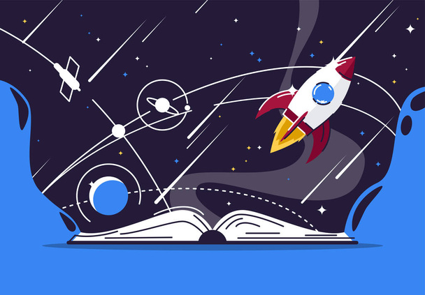 Vector illustration open book, space with rocket, planets, stars, space satellite, space book - Διάνυσμα, εικόνα