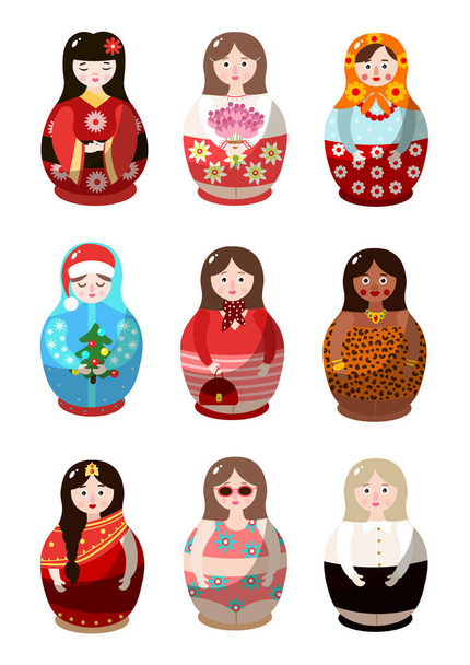 Set of nesting dolls in colorful costumes of different nationalities. Vector illustration in flat cartoon style. - Vetor, Imagem