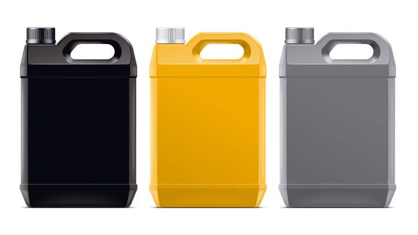 Egy sor Jerrikán. Változat műanyag fekete, sárga, szürke színek. - Fotó, kép
