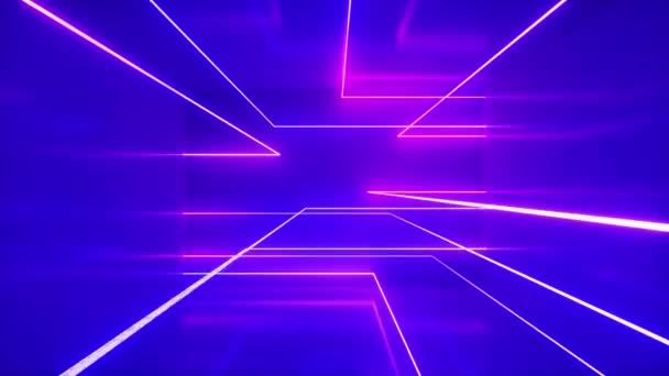 Fond abstrait, rayons fluo en mouvement, lignes lumineuses à l'intérieur de la pièce, lumière ultraviolette fluorescente, spectre bleu-rouge-violet, boucle, boucle transparente rendu 3d
 - Séquence, vidéo
