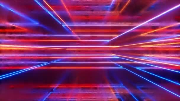 Fond abstrait, rayons fluo en mouvement, lignes lumineuses à l'intérieur de la pièce métallique rayée, lumière ultraviolette fluorescente, spectre rouge bleu, boucle, boucle transparente rendu 3d
 - Séquence, vidéo