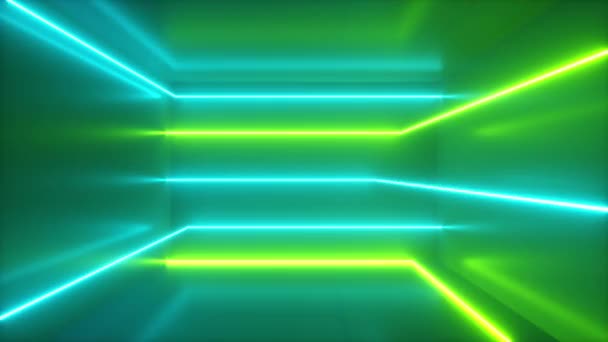Sfondo astratto, raggi al neon in movimento, linee luminose all'interno della stanza, luce ultravioletta fluorescente, spettro verde blu, loop, rendering 3d loop senza soluzione di continuità
 - Filmati, video