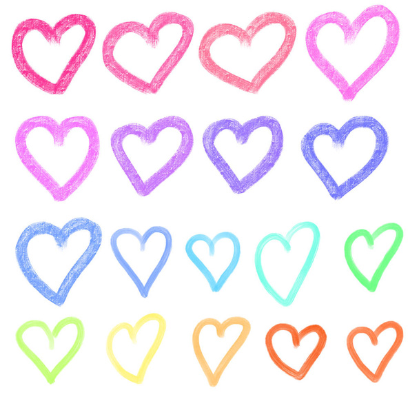 Basit renkli kalp koleksiyonu, beyaz bir arka planda izole edilmiş el çizimi. - Fotoğraf, Görsel