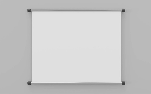 Roll-up-Banner mit Papier-Leinwand-Textur, isoliert auf grauem Hintergrund 3D-Illustration rendern - Foto, Bild