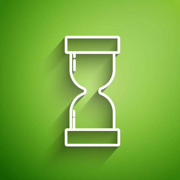 White line Old hourglass with flowing sand icon isolated on green background. Sand clock sign. Business and time management concept.  Vector Illustration - ベクター画像