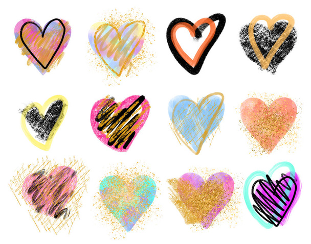 Συλλογή από δημιουργικές πολύχρωμες καρδιές, ζωγραφισμένες στο χέρι απομονωμένες σε λευκό φόντο - Φωτογραφία, εικόνα