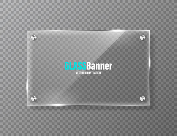 Glass frame with metal holder. Realistic transparent glass banner with glare. Mockup design element. Vector illustration. - Vector, Image