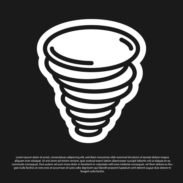 Black Tornado icon isolated on black background. Cyclone, whirlwind, storm funnel, hurricane wind or twister weather icon. Vector Illustration - ベクター画像