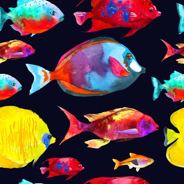 Seamless pattern with tropical fish. Watercolor illustration with hand drawn aquarium exotic fish on white background. - Fotó, kép