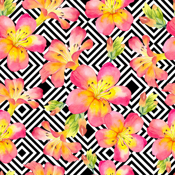 Seamless background with watercolor tropical flowers. Beautiful plants on black and white geometric pattern. - Foto, immagini