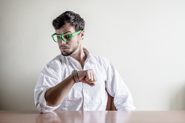 young stylish man with white shirt time wristwatch - Photo, Image