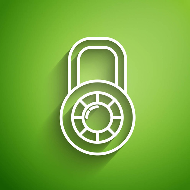 Yeşil arkaplanda beyaz hat şifreli kilit ikonu var. Kombinasyon asma kilit. Güvenlik, güvenlik, koruma, şifre, gizlilik. Vektör İllüstrasyonu - Vektör, Görsel