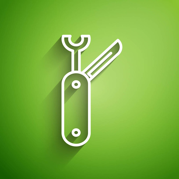 White line Swiss army knife icon isolated on green background. Multi-tool, multipurpose penknife. Multifunctional tool.  Vector Illustration - ベクター画像