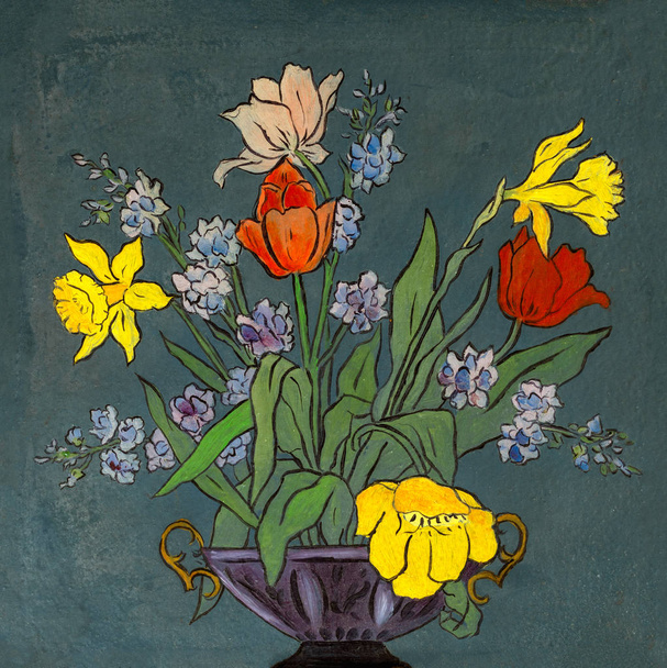 Study of Flowers in a Vase Vintage Oil Painting - Photo, Image